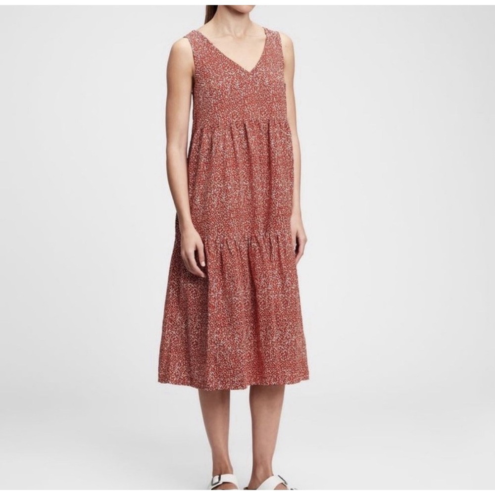 Gap‎ Burnt Orange White V Neck Tiered Sundress Women's Large Summer Lightweight